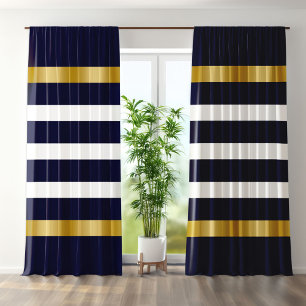 Blue and white stripes pattern gold accents blackout curtains