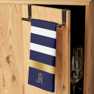 Blue and white stripes pattern gold accents kitchen towel
