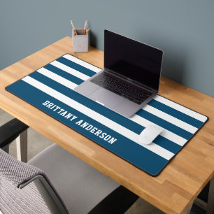 Blue and White  Stripes Pattern Personalized  Desk Mat