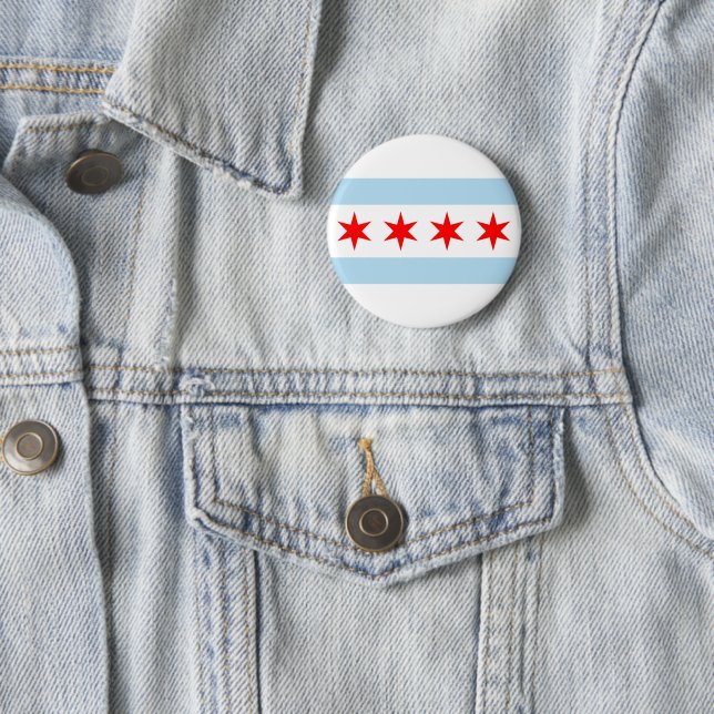 Blue and White Stripes Red Stars Chicago Flag Pinback Button (In Situ)