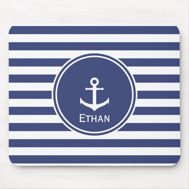 Blue and White Stripes with Anchor Mouse Pad (Front)