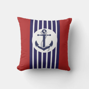 Blue And White Stripes With Anchor Outdoor Pillow