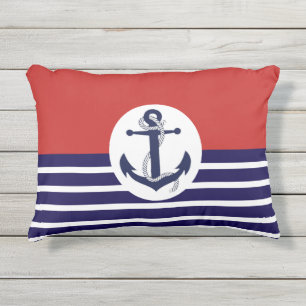 Blue And White Stripes With Anchor Outdoor Pillow