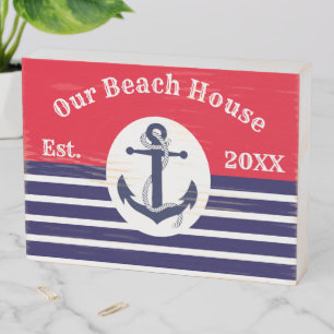 Blue And White Stripes With Anchor Wooden Box Sign