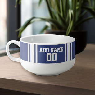 Blue and White Stripes with Name and Number Soup Mug