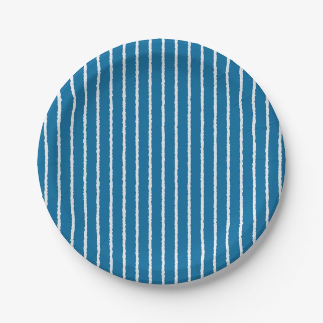 Blue and White Stripes with Uneven Lines Paper Plates (Front)