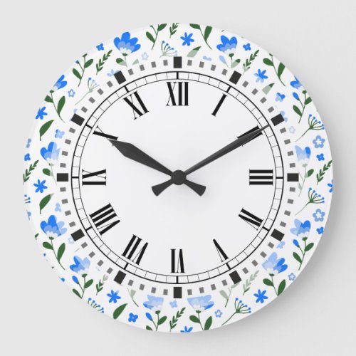 Blue and White Summer Flowers Retro Kitchen Large Clock