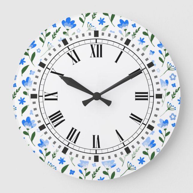 Blue and White Summer Flowers Retro Kitchen Large Clock (Front)