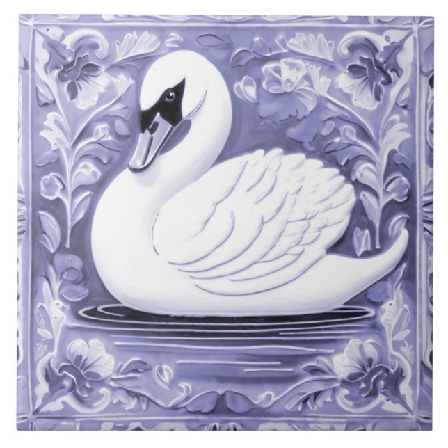 Blue and White Swan European Folk Animal Bird Art Ceramic Tile (Front)