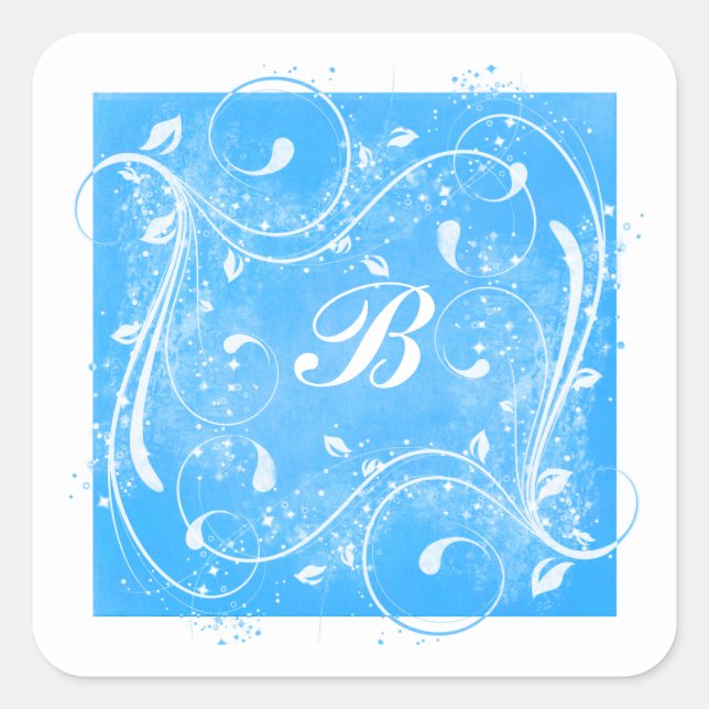 Blue and White Swirls 1.5" Monogrammed Sticker (Front)