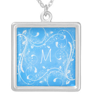 Blue and White Swirls Monogram Necklace