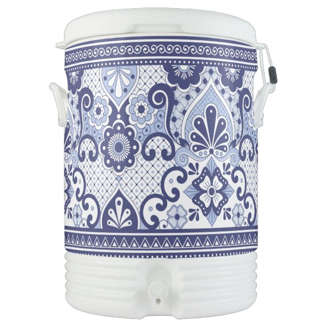 Blue and White Talavera Mexican Folk Art Beverage Cooler (Front)