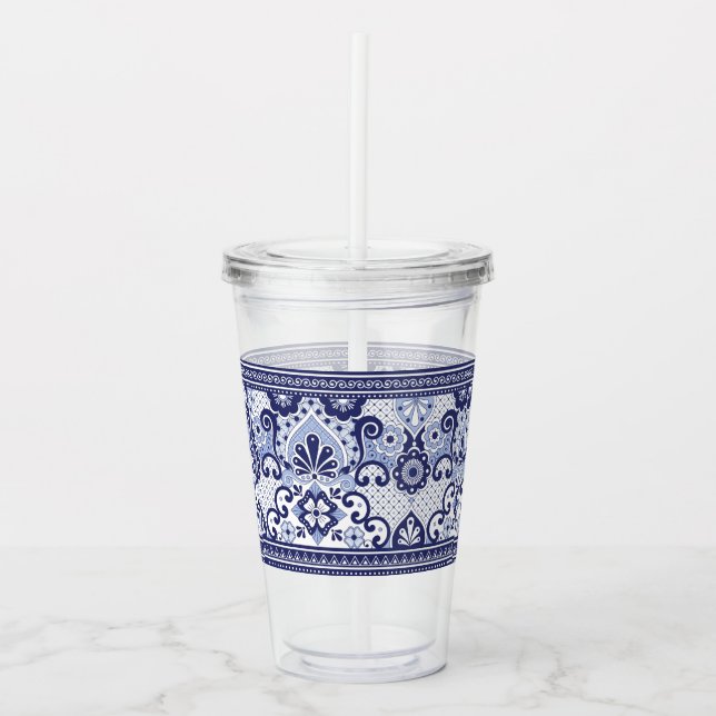 Blue and White Talavera Mexican Folk Art  Mug Pape Acrylic Tumbler (Front)