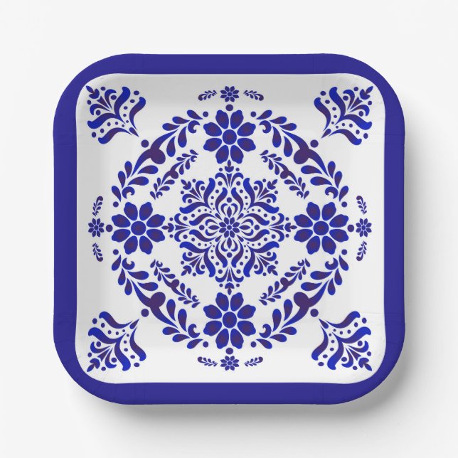 Blue and White Talavera Three Square Paper Plates (Front)
