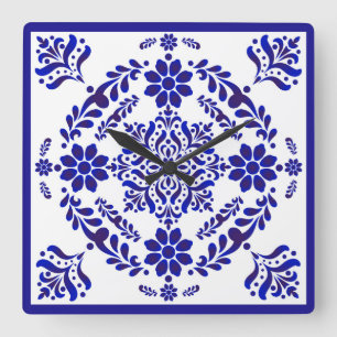 Blue and White Talavera Three Square Wall Clock