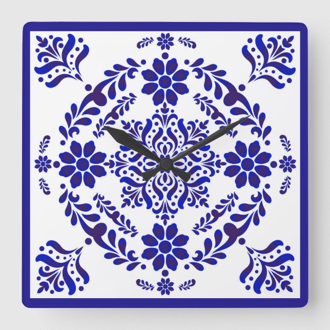 Blue and White Talavera Three Square Wall Clock (Front)