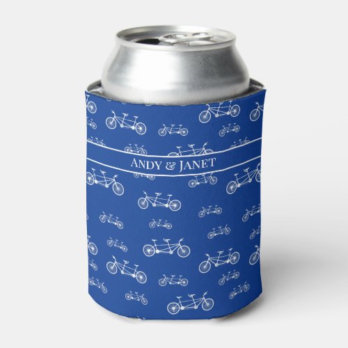 Blue and White Tandem Bike Rider Patterned Can Cooler