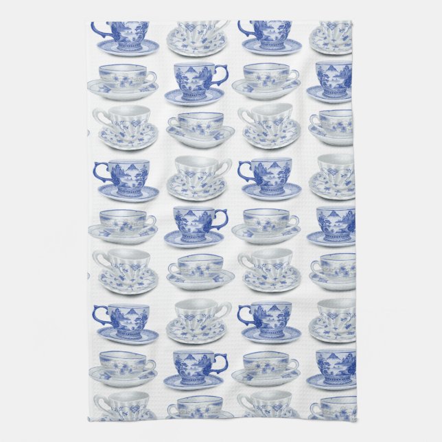 Blue and white tea cup kitchen towel (Vertical)