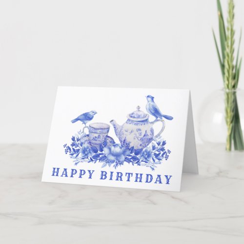 Blue and White Tea Pot with Birds  Birthday Thank You Card