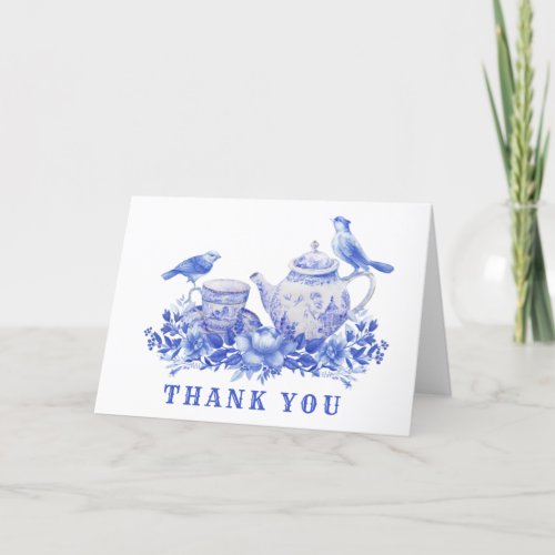 Blue and White Tea Pot with Birds  Thank You