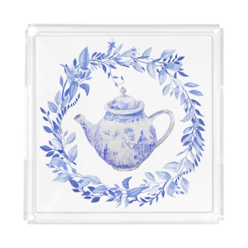 Blue and White Tea Pot with Wreath  Acrylic Tray