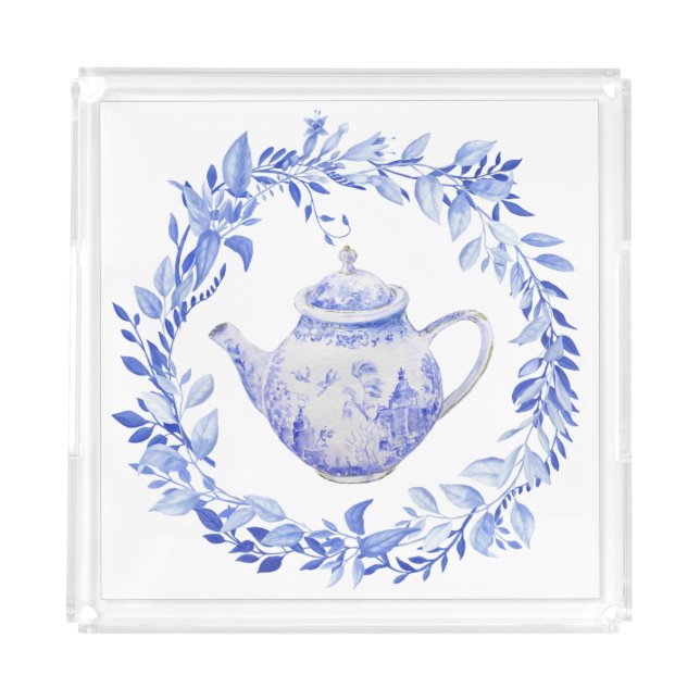 Blue and White Tea Pot with Wreath  Acrylic Tray (Front)