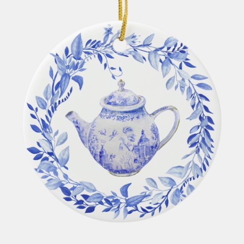 Blue and White Tea Pot with Wreath Ceramic Ornament