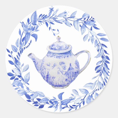 Blue and White Tea Pot with Wreath  Classic Round Sticker
