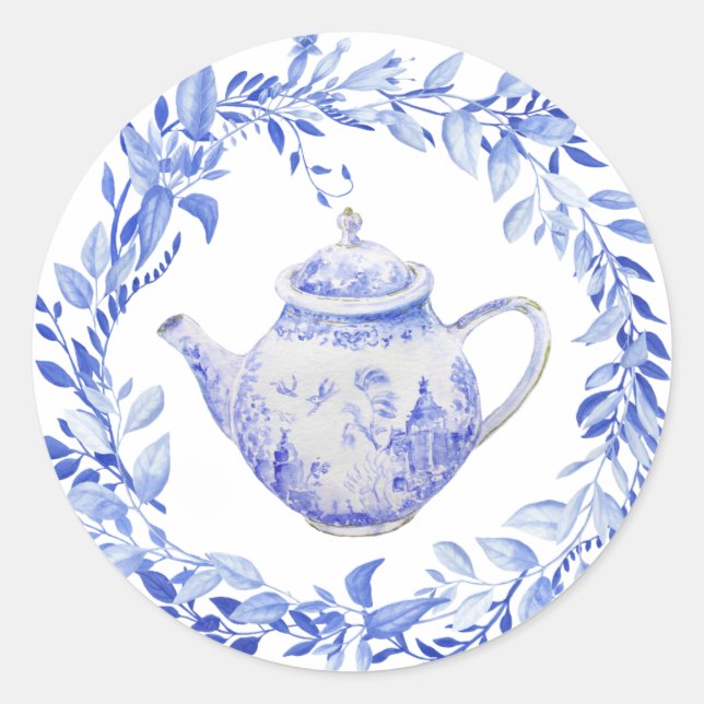 Blue and White Tea Pot with Wreath  Classic Round Sticker (Front)