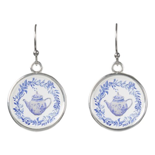 Blue and White Tea Pot with Wreath  Earrings