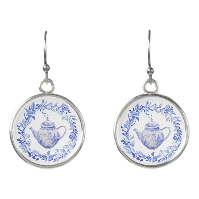 Blue and White Tea Pot with Wreath  Earrings (Front)