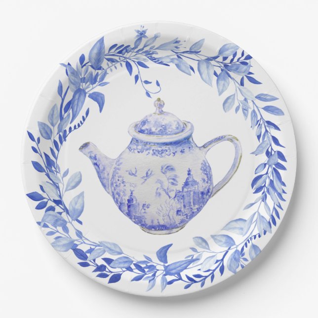 Blue and White Tea Pot with Wreath  Paper Plates (Front)