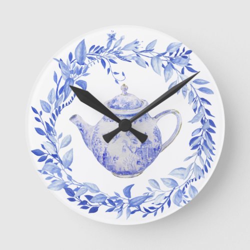Blue and White Tea Pot with Wreath  Round Clock