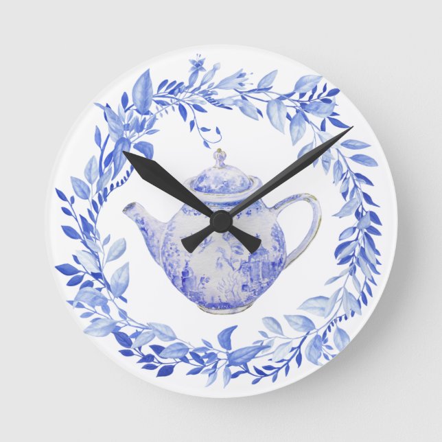 Blue and White Tea Pot with Wreath  Round Clock (Front)