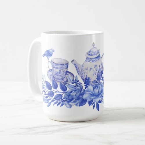 Blue and White Tea Set with Birds Mug