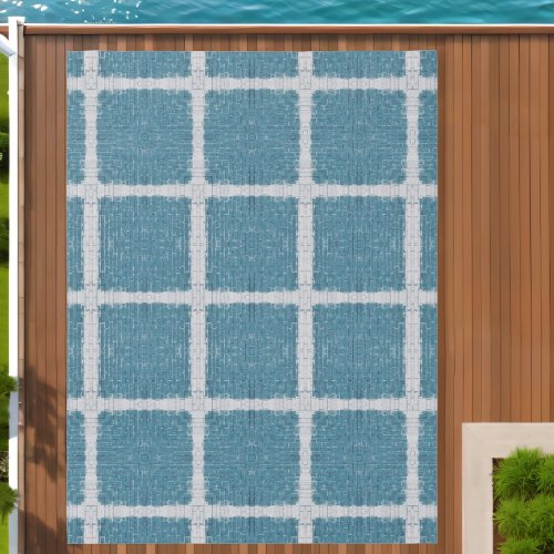 Blue and White Teal Painted Brick Grid Pattern Outdoor Rug