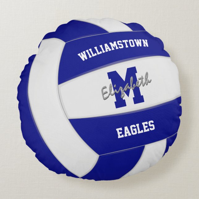 blue and white team colors kids volleyball round pillow (Front)