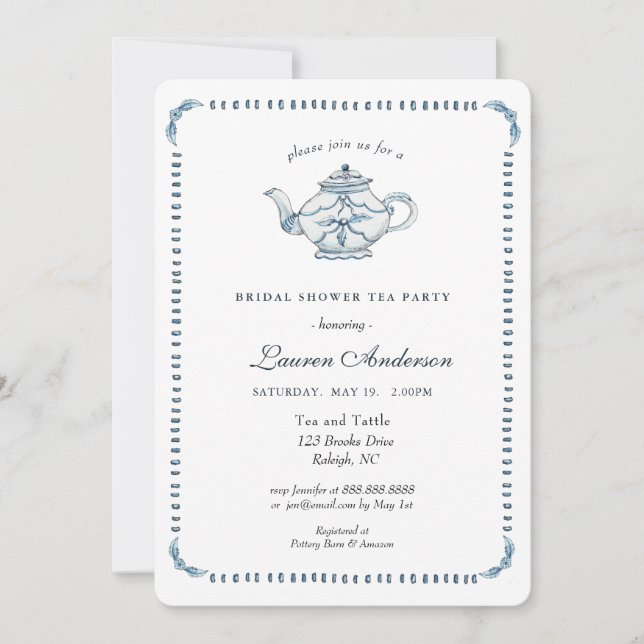 Blue and white Teapot Bridal Shower Invitation (Front)