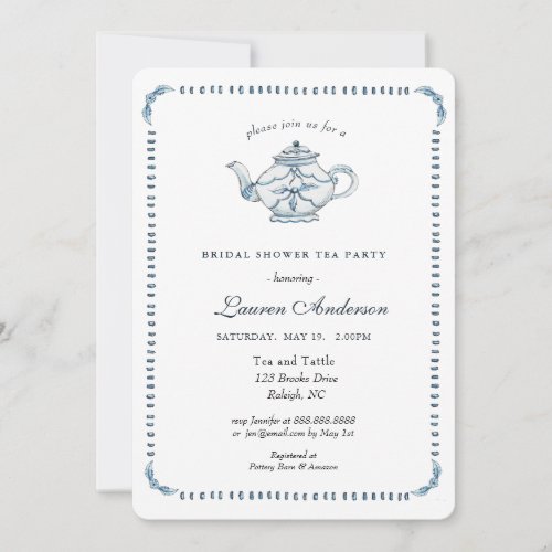 Blue and white Teapot Bridal Shower Invitation