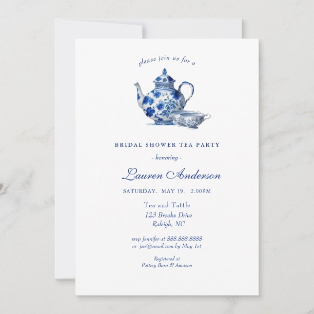 Blue and white Teapot Bridal Shower Invitation (Front)