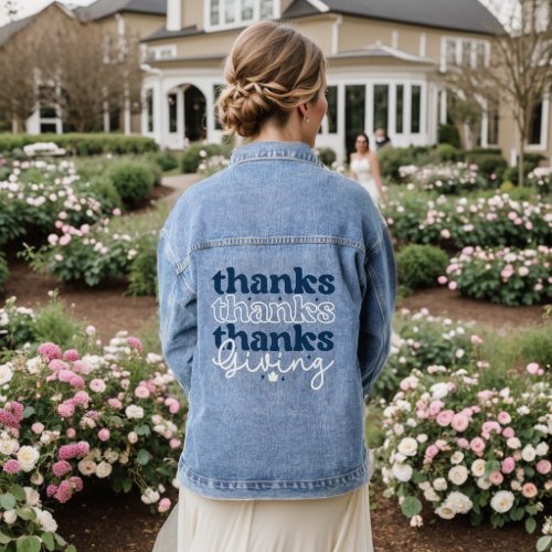 Blue and White Thanks Giving Typography Denim Jacket