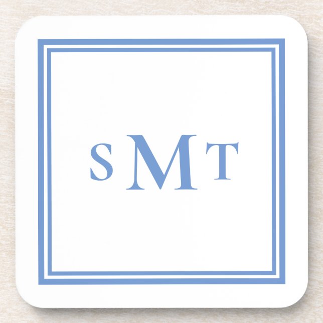 Blue and White Three Letter Monogram Beverage Coaster (Front)