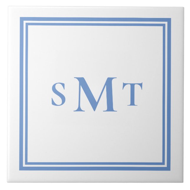 Blue and White Three Letter Monogram Ceramic Tile (Front)