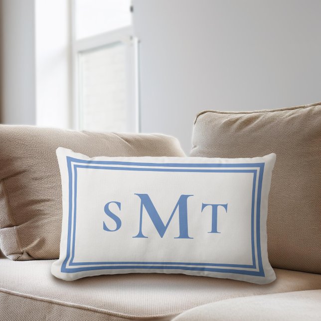 Blue and White Three Letter Monogram Lumbar Pillow (Creator Uploaded)