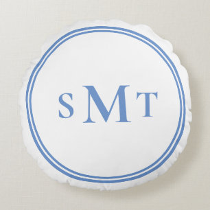 Blue and White Three Letter Monogram Round Pillow