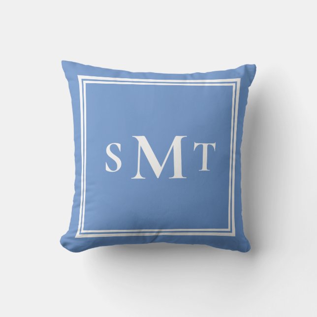 Blue and White Three Letter Monogram Throw Pillow (Front)