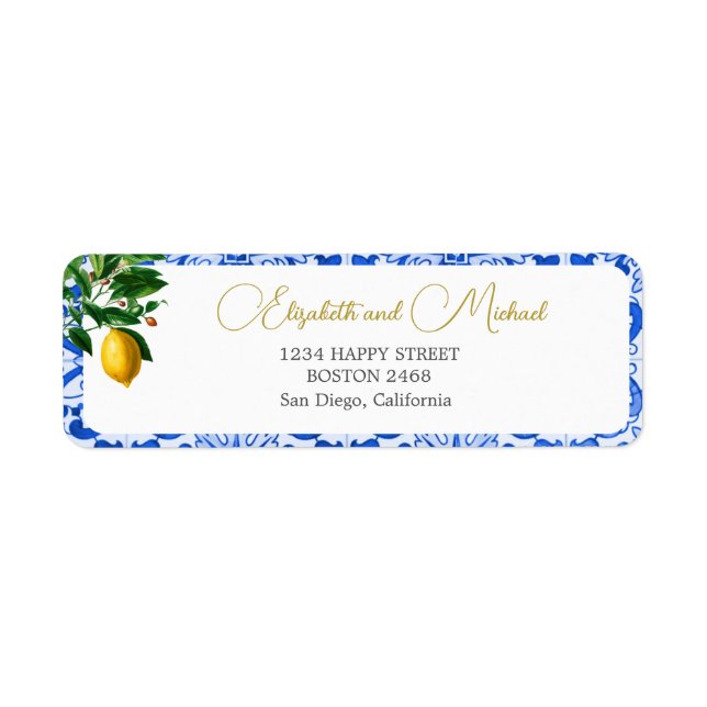 Blue and White Tile Lemon Wedding Mediterranean Label (Front)