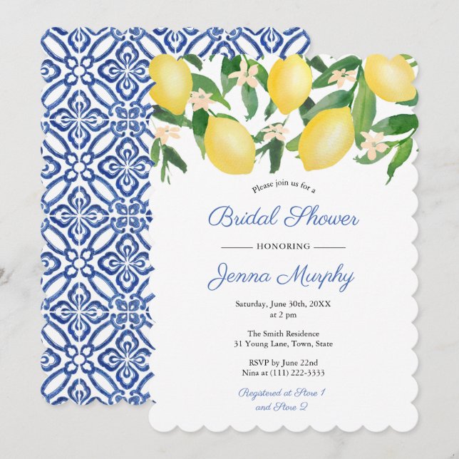 Blue And White Tiles Capri Lemons Bridal Shower Invitation (Front/Back)