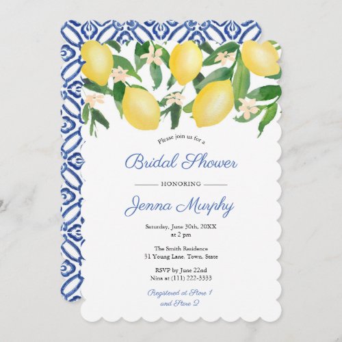 Blue And White Tiles Capri Lemons Bridal Shower Invitation