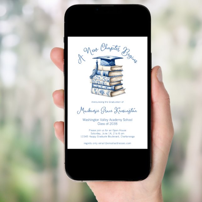 Blue and White Toile Books New Chapter Graduation Invitation (Front Digital)